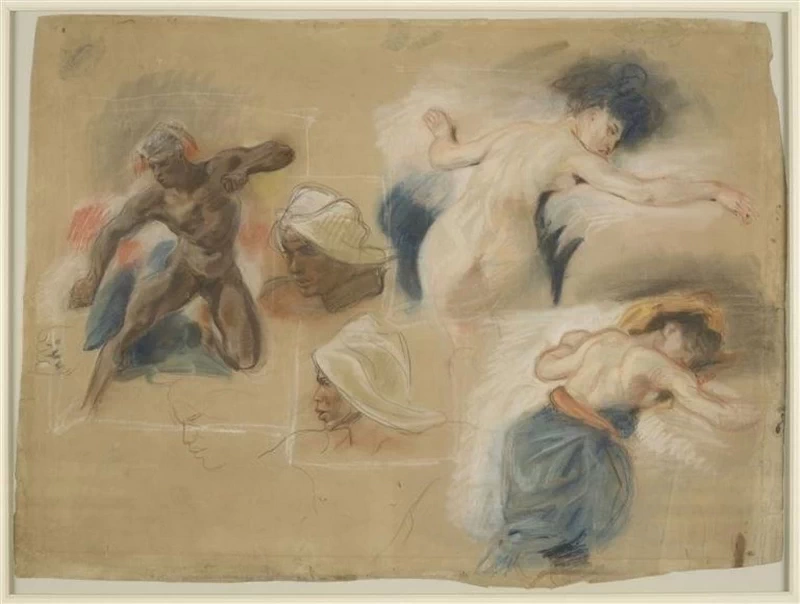 Studio di schiavo sdraiato sul letto di Sardanapalo e l'Etiope